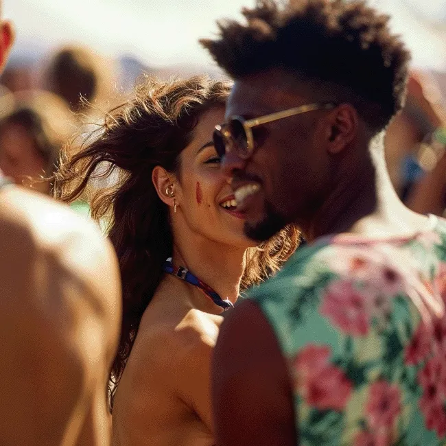 A GIF with different images of people dancing at sunny, outdoor parties.