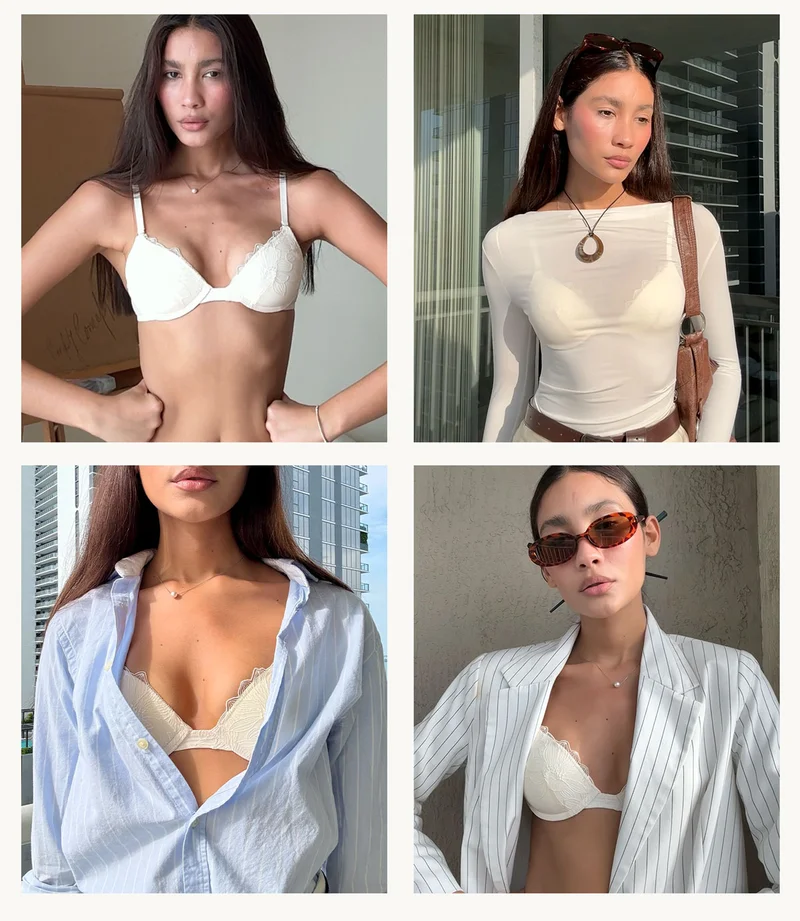 Lilianne wears the Embroidery Lift Up Bra in Ecru.