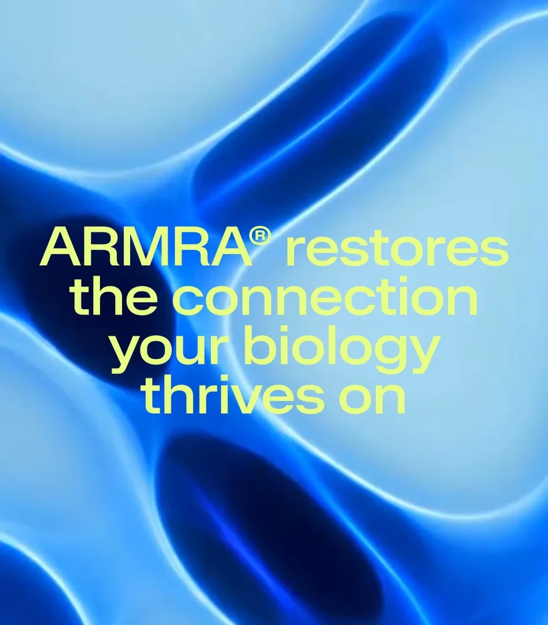 Abstract blue biological imagery with text describing how ARMRA supports the body’s natural biological systems.