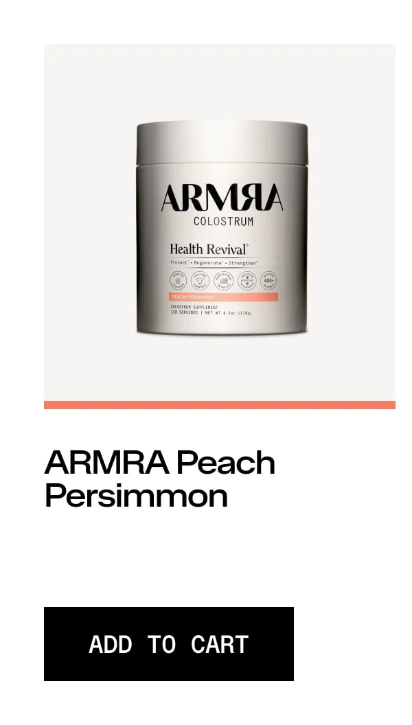ARMRA Colostrum Health Revival Peach Persimmon flavor supplement container displayed on a neutral background.