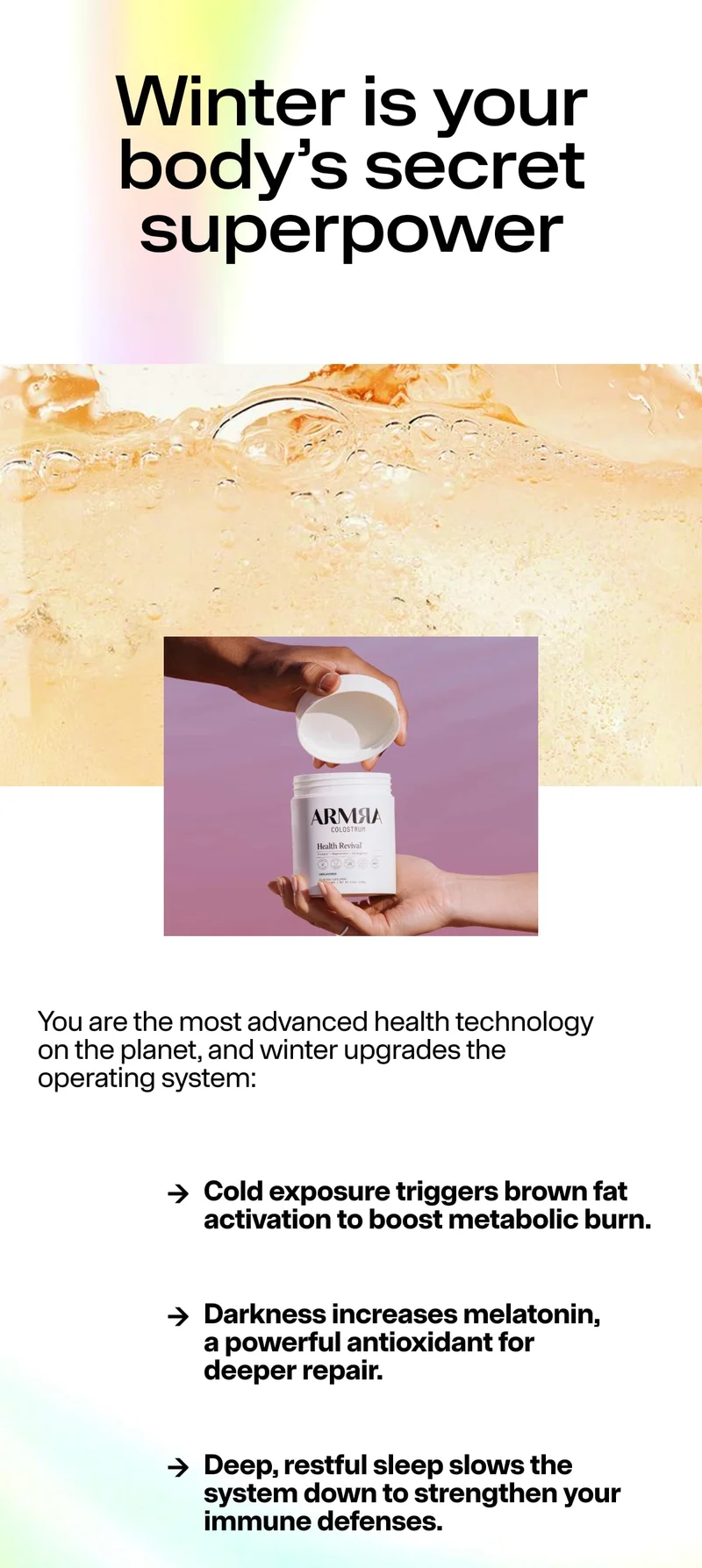 ARMRA Colostrum jar being opened, paired with messaging about winter biology, metabolism, sleep, and immune support.