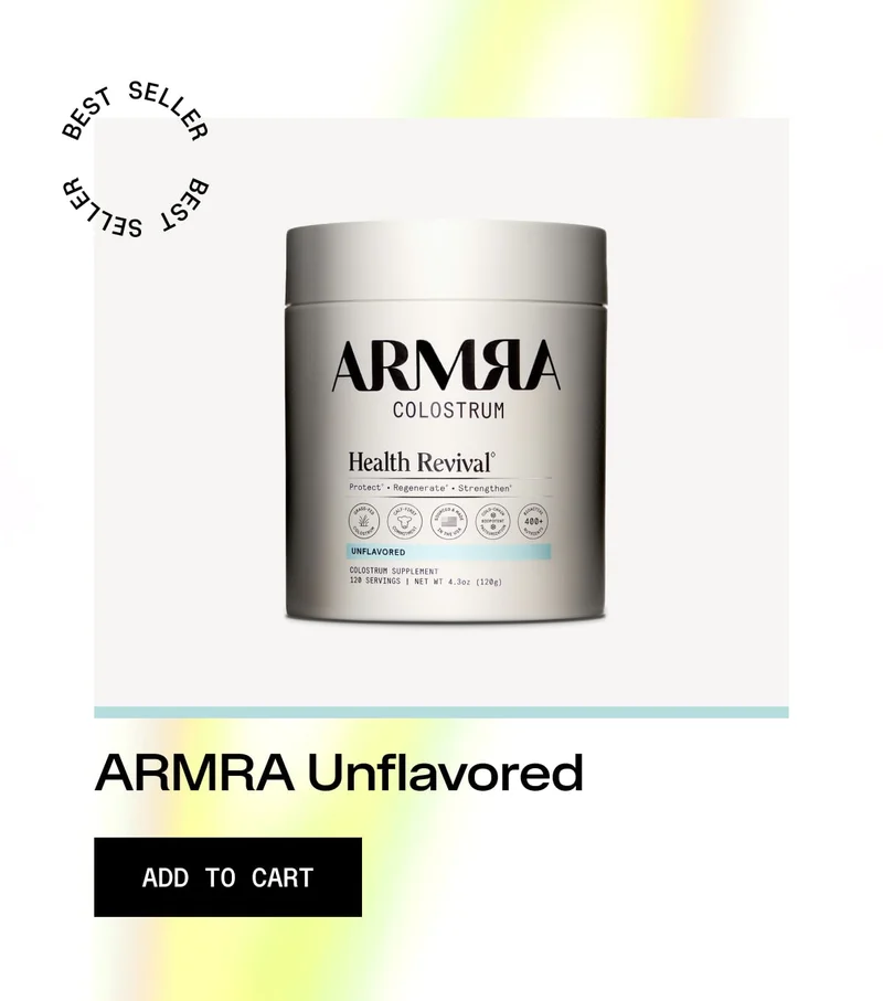 ARMRA Colostrum Health Revival unflavored supplement container displayed as a best seller product.