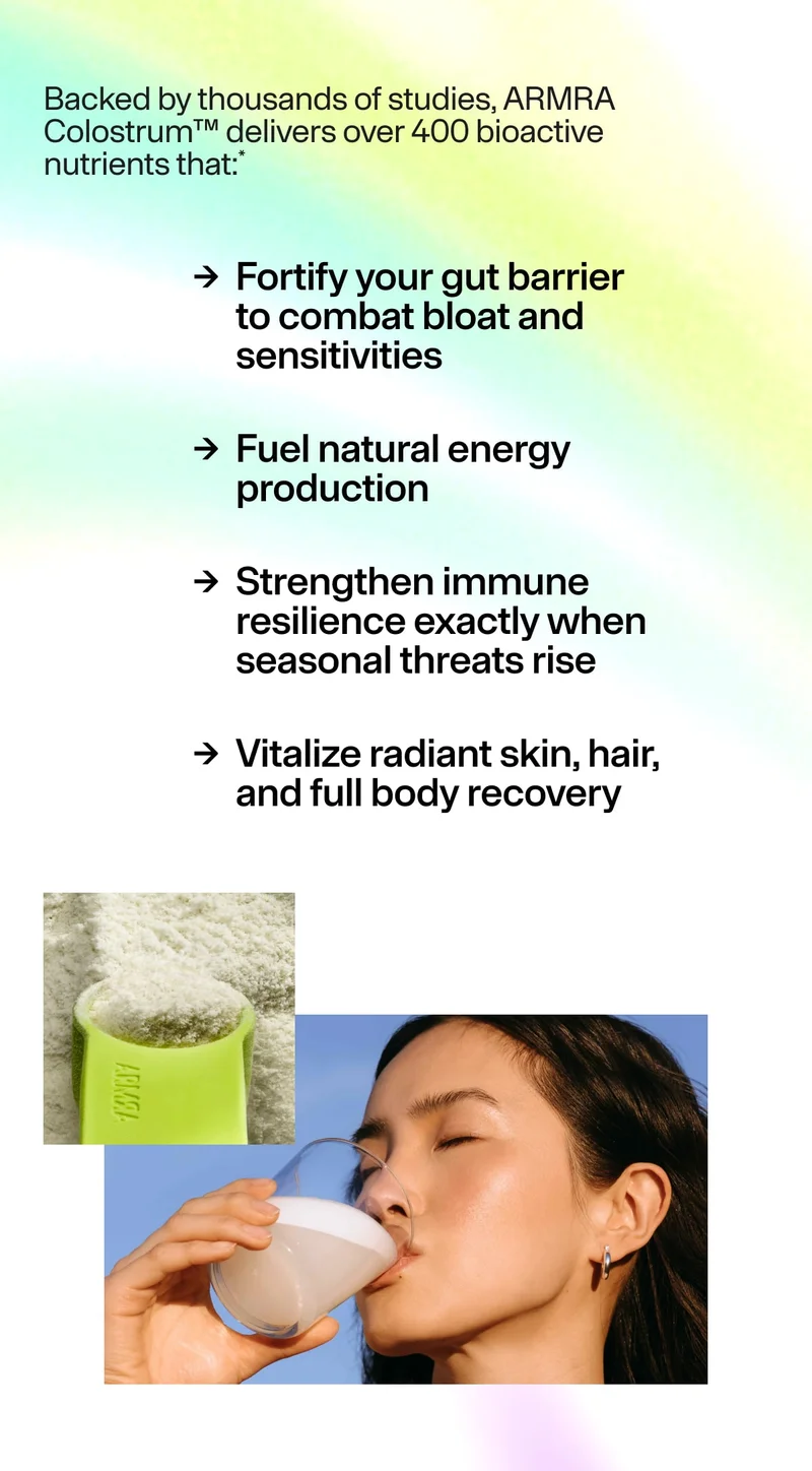 ARMRA Colostrum benefits listed alongside images of powder and a person drinking a wellness beverage, highlighting gut, energy, immune, and recovery support.