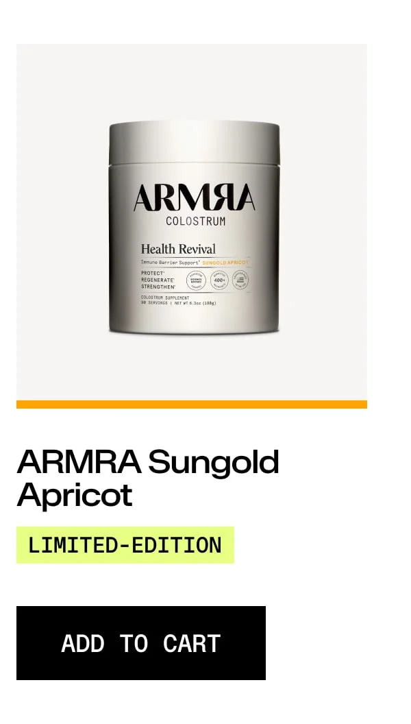 ARMRA Colostrum Health Revival Sungold Apricot limited-edition supplement container displayed on a neutral background.