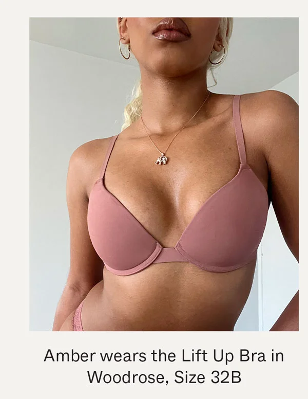 Amber wears the Lift Up Bra in Woodrose, Size 32B