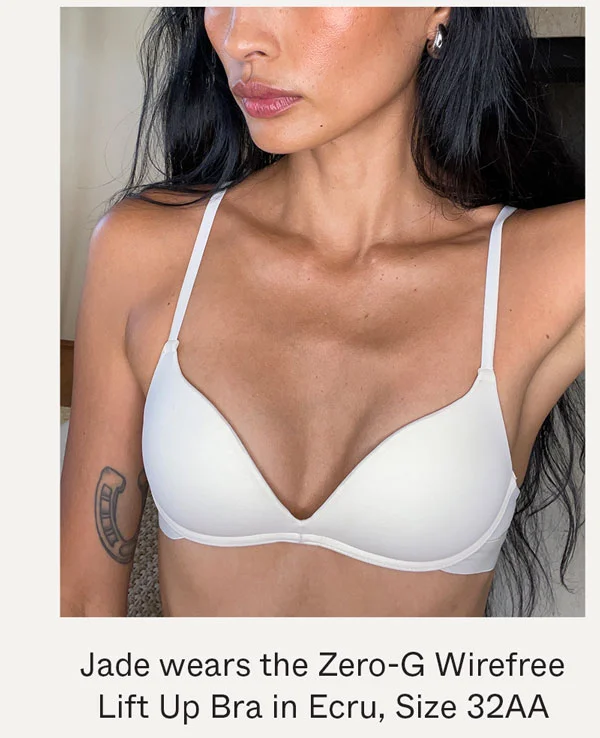 Jade wears the Zero-G Wirefree Lift Up Bra in Ecru, Size 32AA