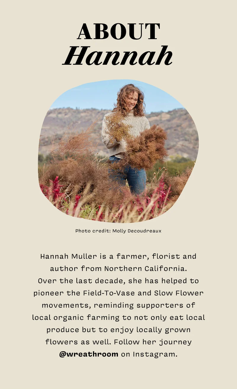 About Hannah Muller is a farmer, florist and author from Northern California. Over the last decade, she has helped to pioneer the Field-To-Vase and Slow Flower movements, reminding supporters of local organic farming to not only eat local produce but to enjoy locally grown flowers as well. Follow her journey @wreathroom on Instagram.