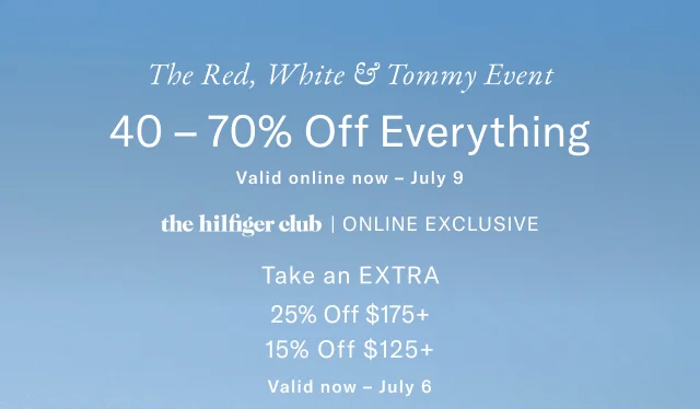 The Red White and Tommy Event, 40% to 70% Off Everything. Valid online now to July 9