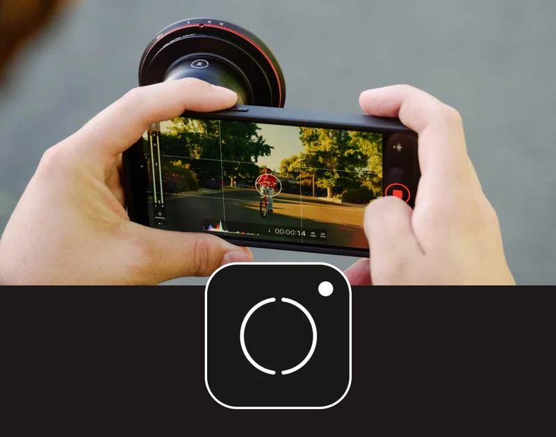 Image of phone shooting video using the Moment Pro Camera App and the Moment Logo