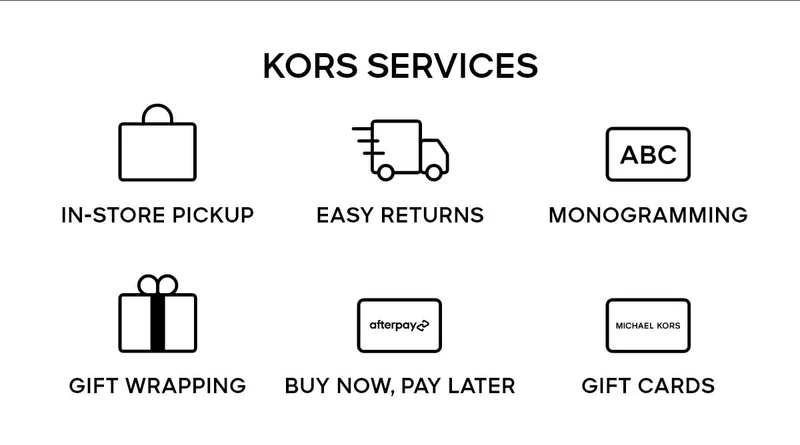 KORS SERVICES IN-STORE PICKUP EASY RETURNS MONOGRAMMING GIFT WRAPPING BUY NOW, PAY LATER GIFT CARDS