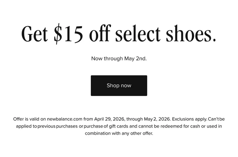 Get $15 off select shoes. Shop now.