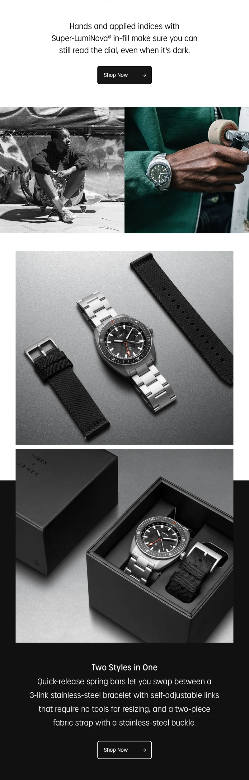 hands and applied indices with super-luminova in-fill make sure you can still read the dial, even when its dark. | shop now | two styls in one | quick-release spring bars let you swap between a 3-link stainless-steel bracelet with self-adjustable links that require no tools for resizing, and a two-piece fabric strap with a stainless-steel buckle. | shop now