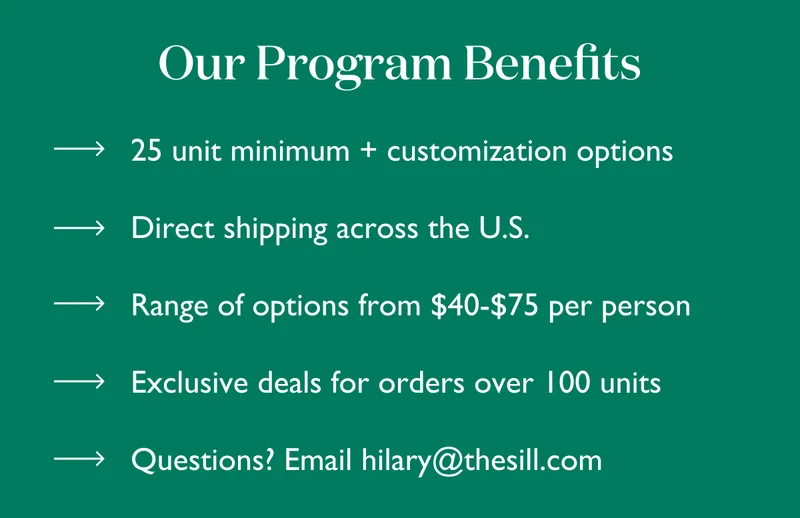 Our Program Benefits: 25 unit minimum, customization options, direct shipping across the U.S., exclusive deals for orders over 100 units, and more!