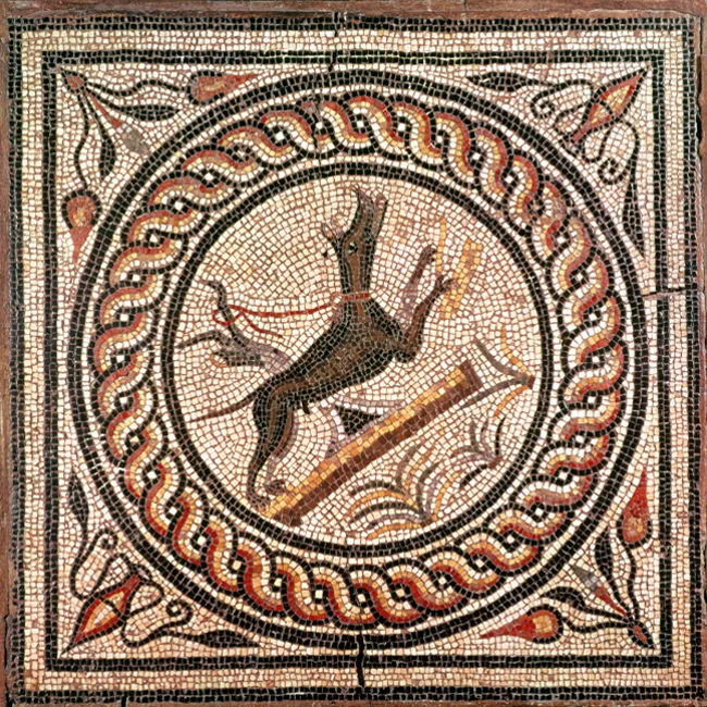 Romans kept dogs as pets, exemplified in this mosaic from the second or third century A.D. Some of the bones from the ritual deposit in Surrey may have belonged to domestic dogs, but it's unclear if their owners were Romans or Britons.