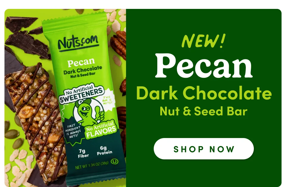NEW! Pecan Dark Chocolate Nut & Seed Bar; Shop now