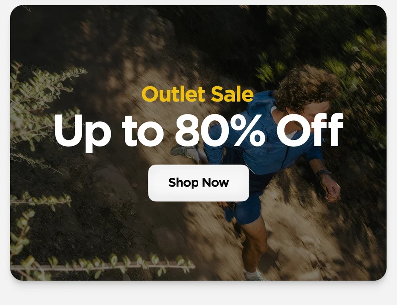 Outlet Sale. Up to 80% Off. Shop Now. Man running to snag some deals.