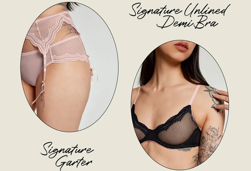 Signature Lace Garter in Rosewater & Signature Unlined Demi Bra in Black
