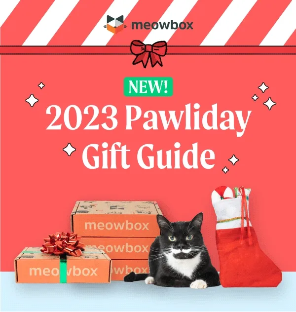 New! 2023 Pawliday Gift Guide. Image of a black and white cat lying down next to a Christmas stocking full of holiday cat gifts, in front of a stack of gift meowboxes