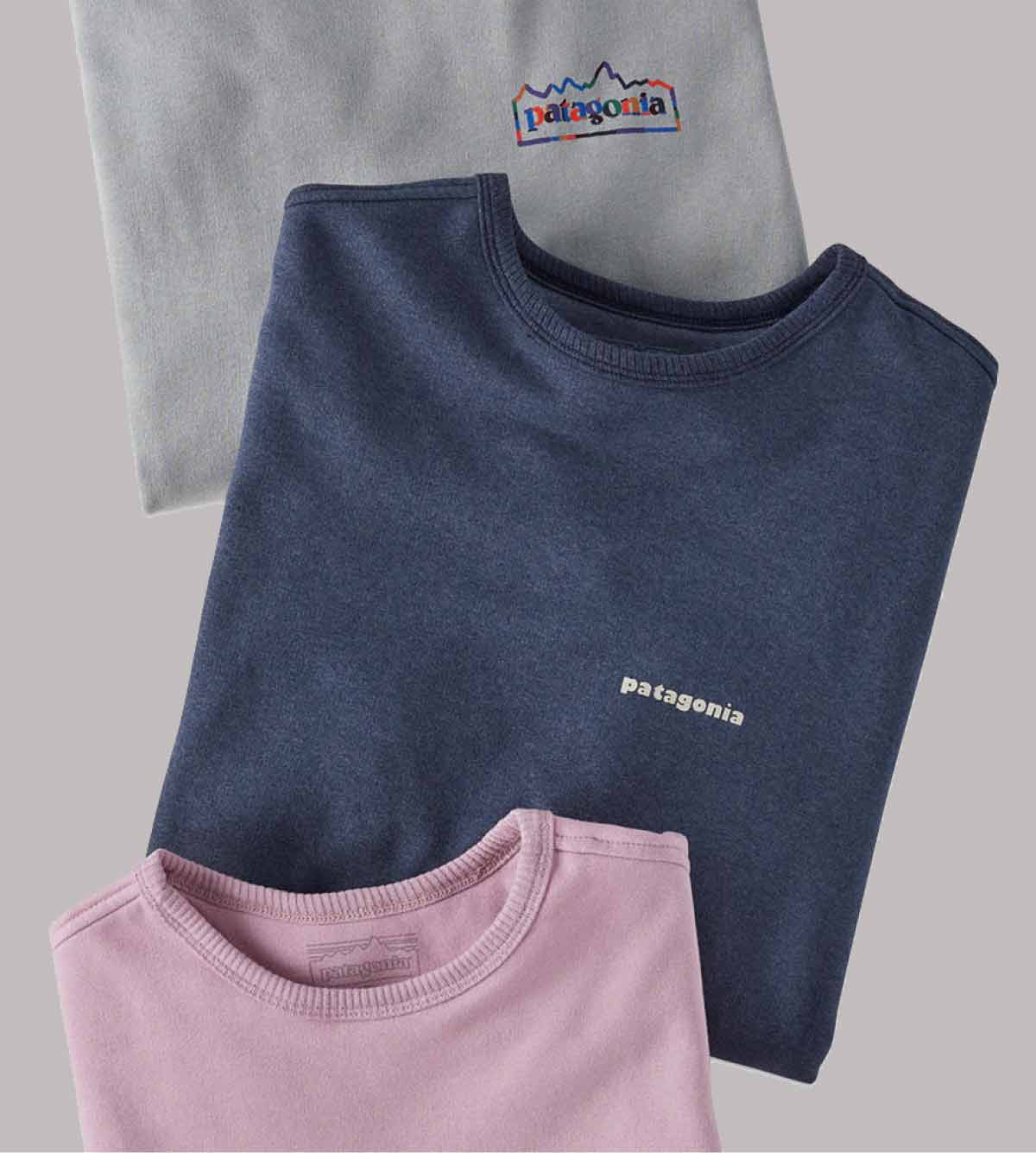 Three crew sweatshirts with Patagonia logos on them.