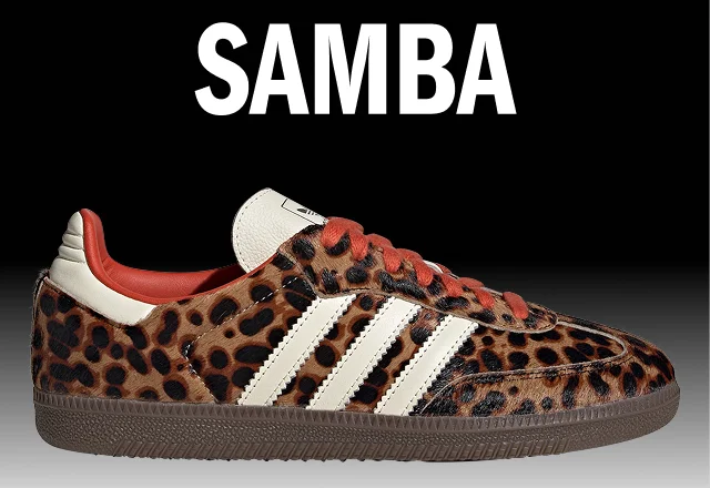 Cheetah print Samba sneaker with orange laces on a black background