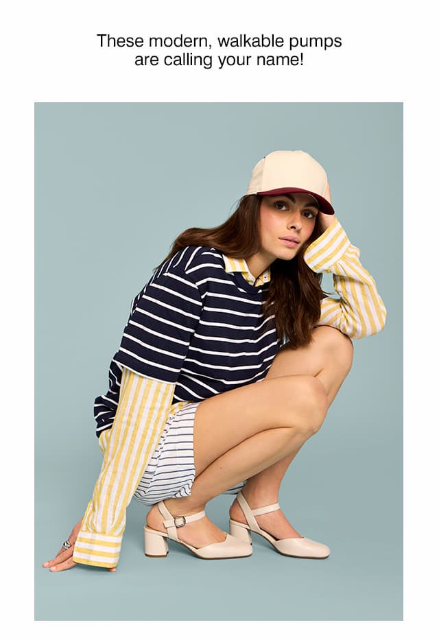 Woman in a baseball cap and mixed-stripe layers wearing the Melle leather pump in Stone..