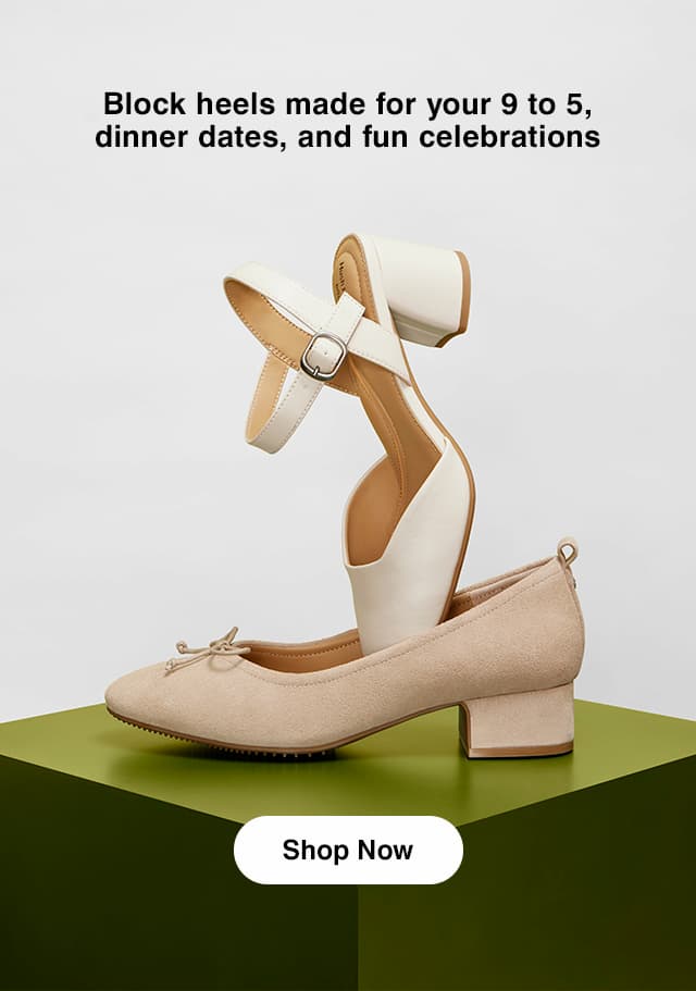 Women’s block-heel Melle and Netty pumps in versatile neutrals. Shop Now.