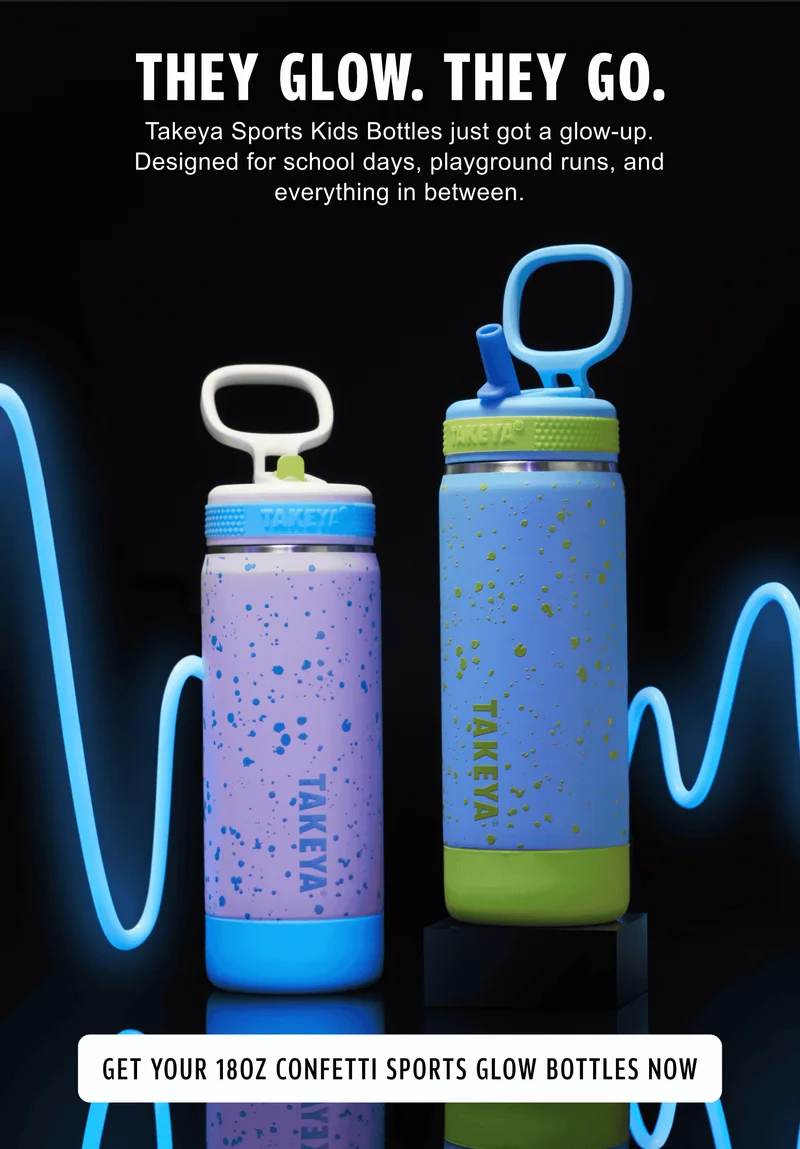 They Glow. They Go. | Takeya Sports Kids Bottles just got a glow-up. Designed for school days, playground runs, and everything in between. | Get your 18oz Confetti Sports Glow Bottles now
