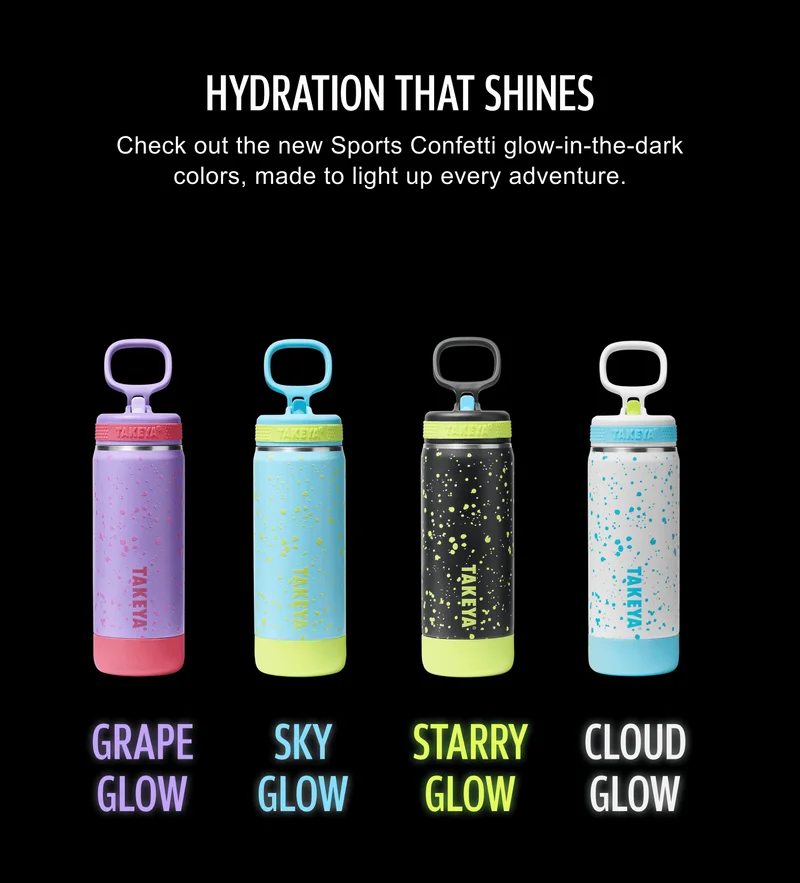 Hydration That Shines | Check out the new Sports Confetti glow-in-the-dark colors, made to light up every adventure | Grape Glow, Sky Glow, Starry Glow, Cloud Glow