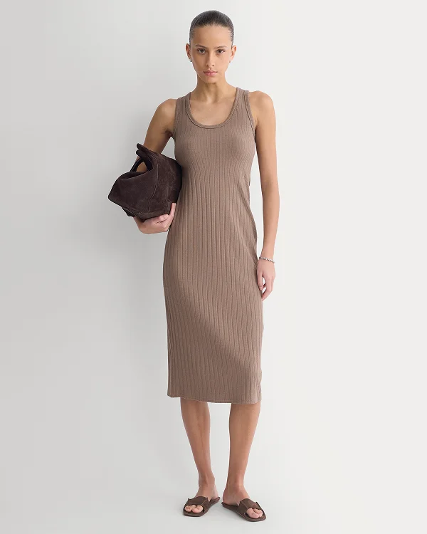 Image | Scoop-Neck Midi Dress in Pointelle Knit | Heathered Chocolate Chip |