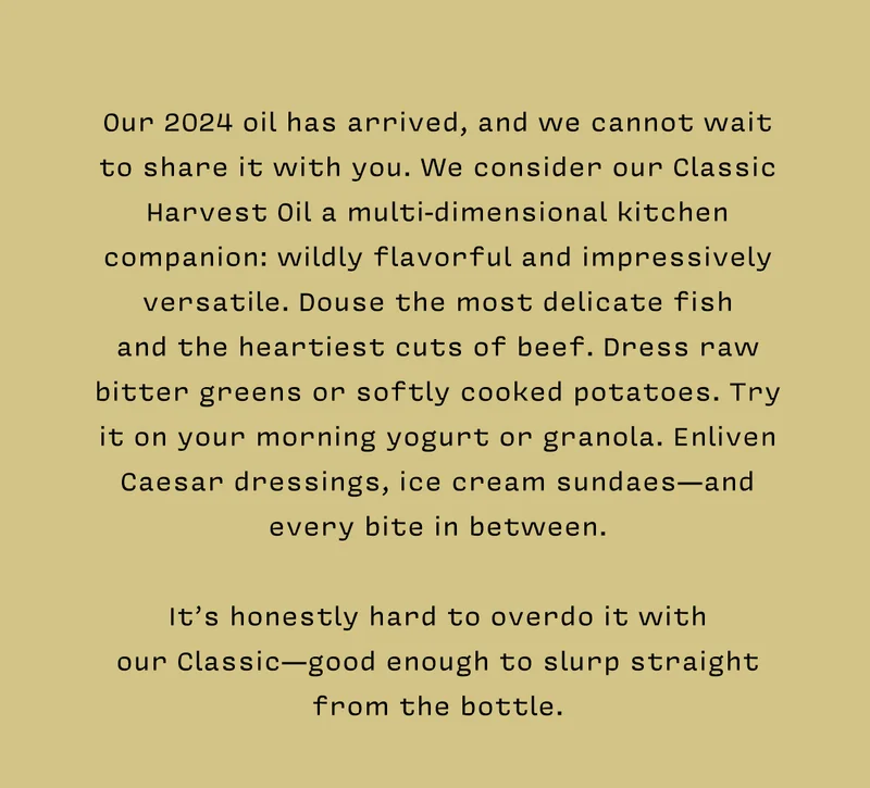 Our 2024 oil has arrived, and we cannot wait to share it with you. We consider our Classic Harvest Oil a multi-dimensional kitchen companion: wildly flavorful and impressively versatile. Douse the most delicate fish  and the heartiest cuts of beef. Dress raw bitter greens or softly cooked potatoes. Try it on your morning yogurt or granola. Enliven Caesar dressings, ice cream sundaes—and every bite in between.   It’s honestly hard to overdo it with  our Classic—good enough to slurp straight from the bottle.