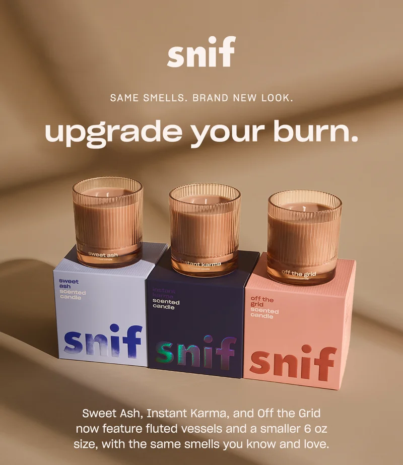 Sweet Ash, Instant Karma, and Off the Grid now feature fluted vessels and a smaller 6 oz size, with the same smells you know and love.