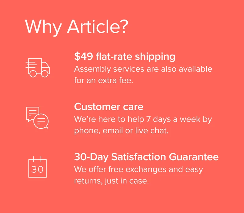 Why Article? Flat rate shipping, customer care available 7 days a week, and a 30-day satisfaction guarantee.