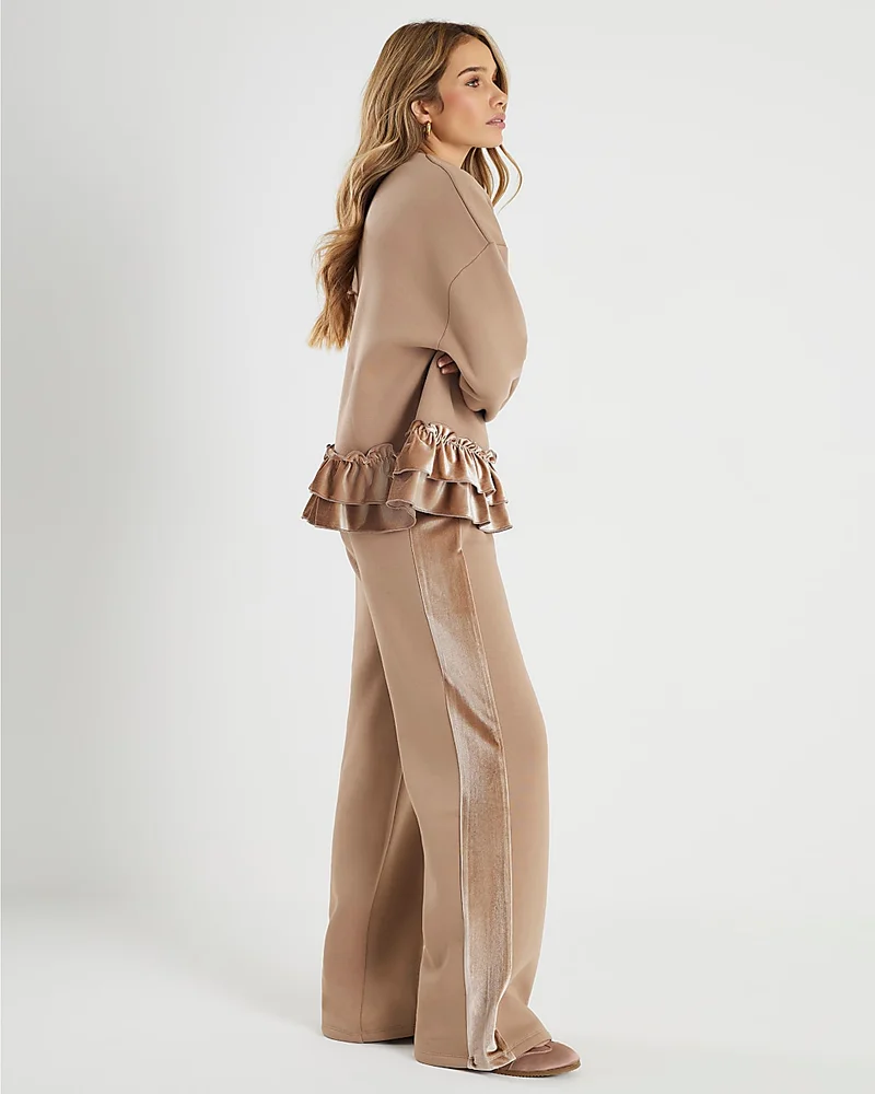 Womens Beige Velvet Trim Wide Leg Joggers