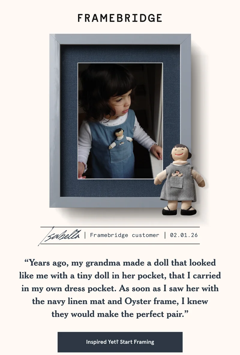 “Years ago, my grandma made a doll that looked like me with a tiny doll in her pocket, that I carried in my own dress pocket. As soon as I saw her with the navy linen mat and Oyster frame, I knew they would make the perfect pair.”