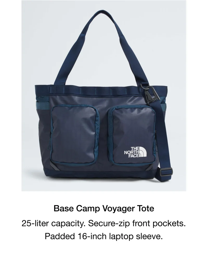 Base Camp Voyager Tote. 25-liter capacity. Secure-zip front pockets. Padded 16-inch laptop sleeve.