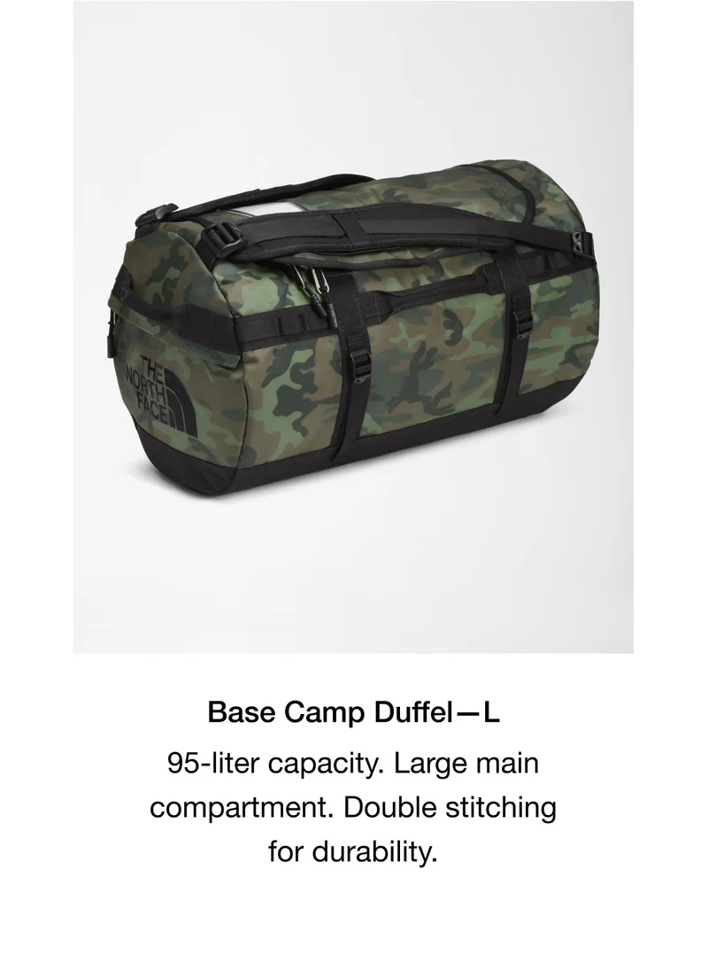 Base Camp Duffel - L. 95-liter capacity. Large main compartment. Double stitching for durability.