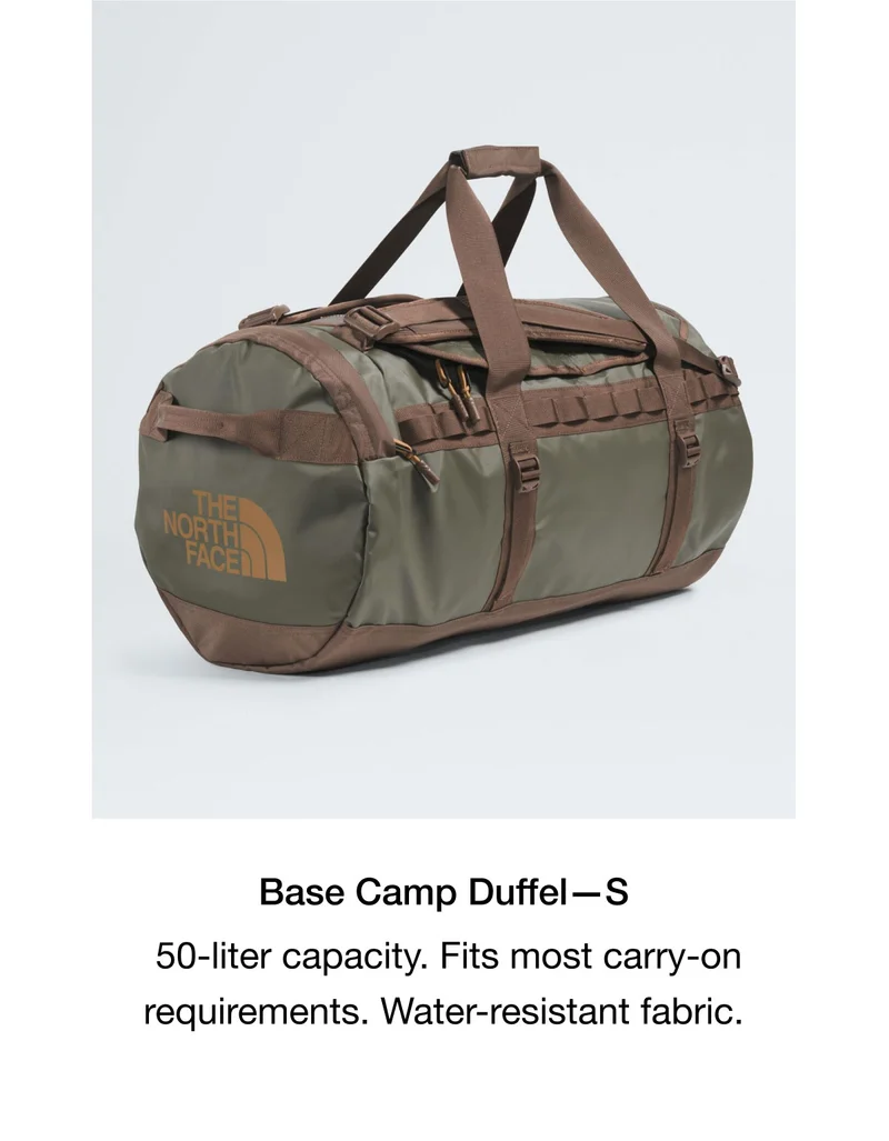 Base Camp Duffel - S. 50-liter capacity. Fits most carry-on requirements. Water-resistant fabric.