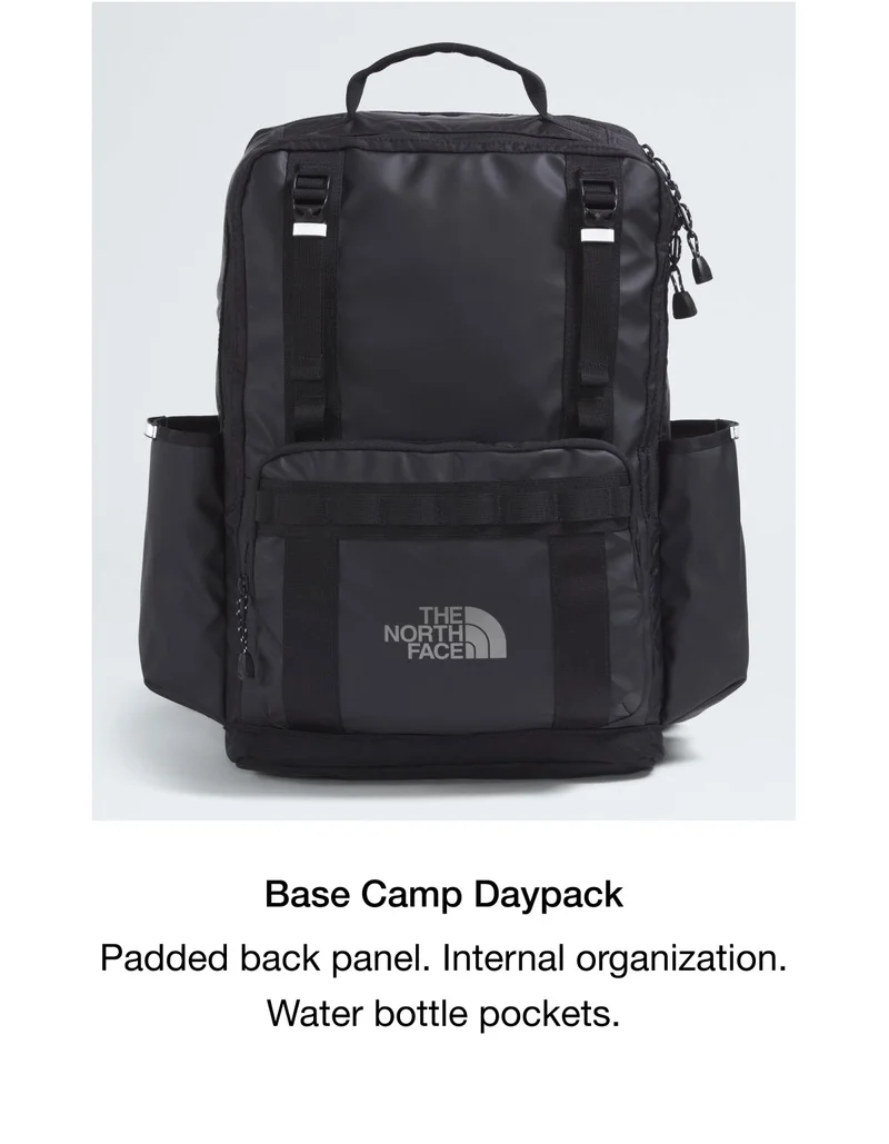 Base Camp Daypack. Padded back panel. Internal organization. Water bottle pockets.