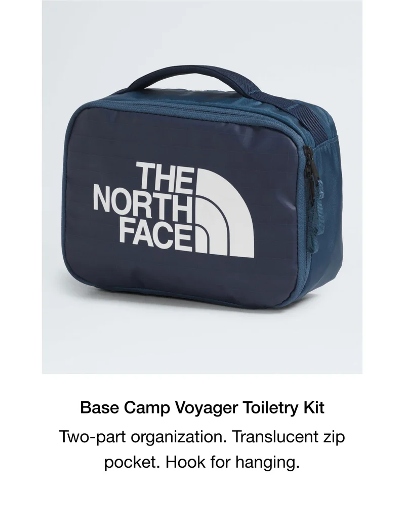 Base Camp Voyager Toiletry Kit. Two-part organization. Translucent zip pocket. Hook for hanging.
