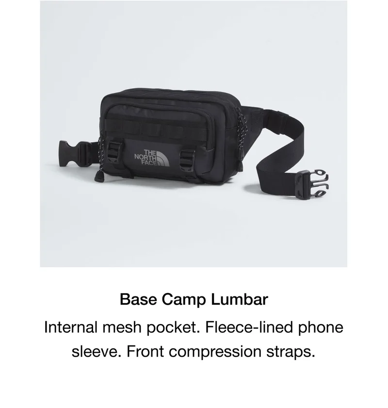 Base Camp Lumbar. Internal mesh pocket. Fleece-line phone sleeve. Front compressions straps.