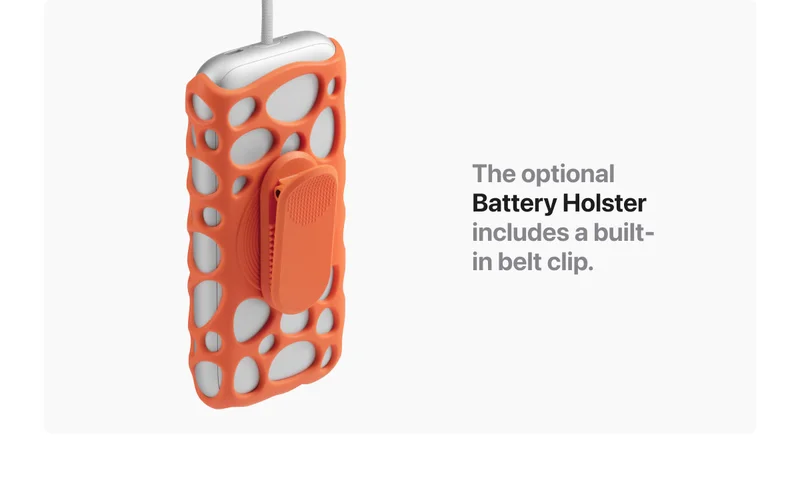 The optional Battery Holster includes a built-in belt clip.