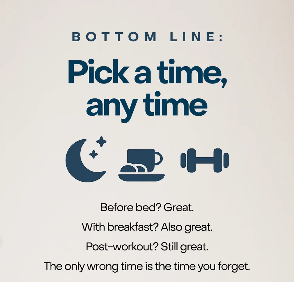 Bottom line: Pick a time, any time. Before bed? Great. With breakfast? Also great. Post-workout? Still great. The only wrong time is the time you forget.