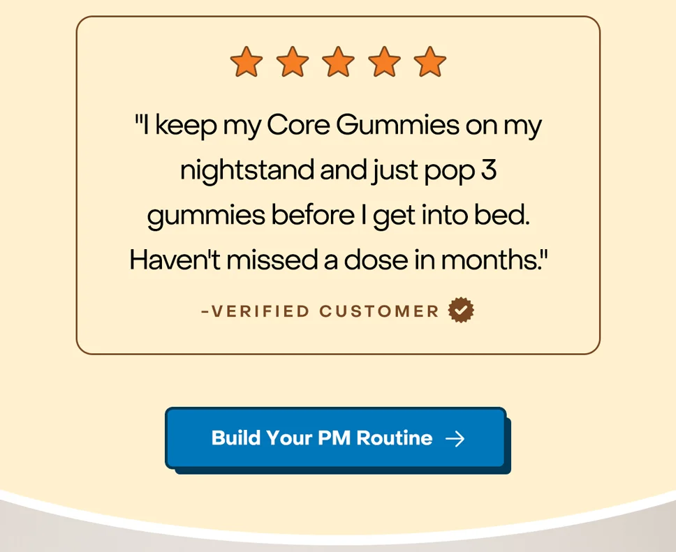 "I keep my Core Gummies on my nightstand and just pop 3 gummies before I get into bed. Haven't missed a dose in months."