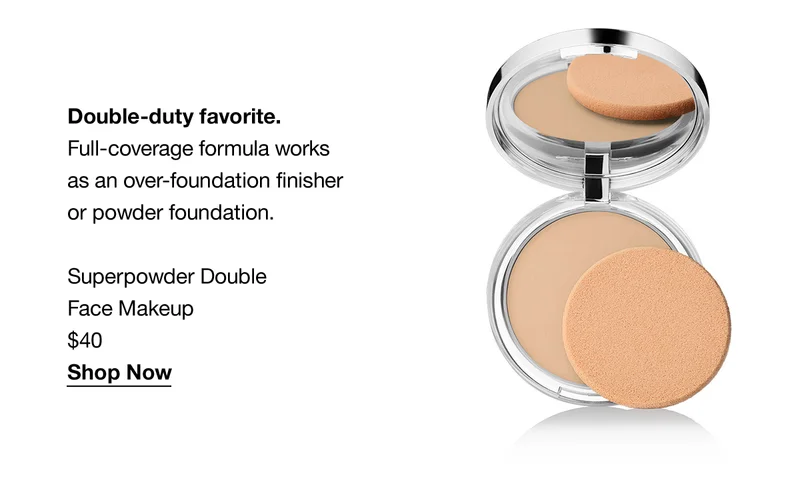 Double-duty favorite. Full-coverage formula works as an over-foundation finisher or powder foundation. Superpowder Double Face Makeup $40 Shop Now