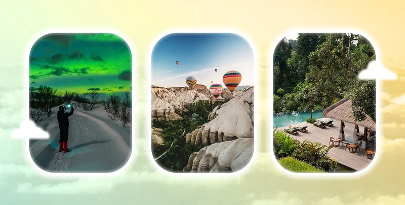 Image Description: A person taking a photo of the Northern Lights, hot air balloons flying over rocky mountains, a pool in the middle of a jungle.