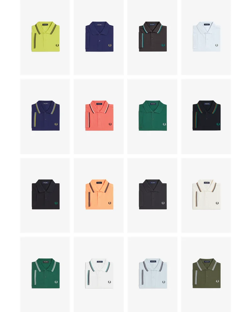 a selection of Fred Perry Shirts folded up in various colourways