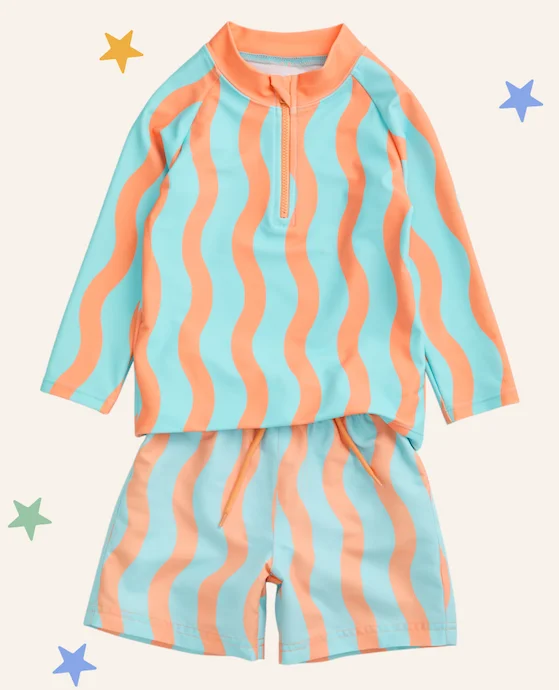 KIDLY by MORI Rashguard & Swim Trunks - Orange Wavy Stripe