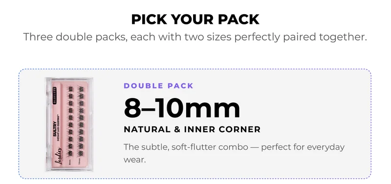 Product selection card showing Sultry cluster lashes double pack in 8–10mm lengths labeled “Natural & Inner Corner” for subtle everyday wear.