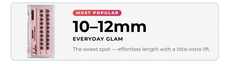 Product selection card showing Sultry cluster lashes double pack in 10–12mm lengths labeled “Everyday Glam” and marked as most popular.