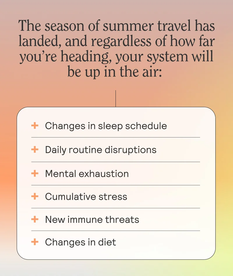 The season of summer travel has landed, and regardless of how far you’re heading, your system will be up in the air:   Changes in sleep schedule Changes in diet New immune threats Daily routine disruptions Cumulative stress Mental exhaustion